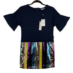 Little Marc Jacobs Girls Navy Blue Sequin Stripe Ruffle Sleeve Dress W12277 12